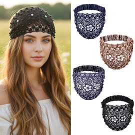 PEOVLVN 4 Pcs Boho Headbands for Women, Wide Lace Headband Elastic Boho Pearl Headband Vintage Hair Accessories for Daily Wear and Various Holidays Hair Styling (Black, Gray, Navy, Brown)