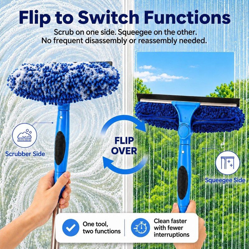 2-in-1 Window Cleaning Kit with Bucket, Extension Pole & Squeegee