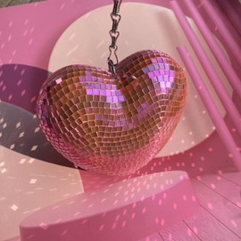Mirror Disco Ball with Chain, Heart 8 Inch Pink Disco Reflective Mirror Ball Hanging Ornament for Birthday Wedding Party Decor, Disco Ornaments