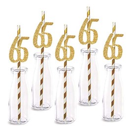 65th Birthday Paper Straw Decor, 24-Pack Real Gold Glitter Cut-Out Numbers Happy 65 Years Party Decorative Straws
