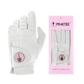 CROWNBLANKS PINKTEE Women's Golf Glove Left Hand Ladies Pink Cabretta Leather Golf Gloves with Removable Magnetic Ball Marker Full Finger Elastic (Pink Mark, 20)