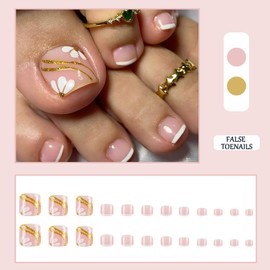Press on Toenails - Spring Summer Nude French Tip Gel Glue on Toe Nails - 24Pcs Glossy Glitter Flower Toenails Reusable - Fake Nails Acrylic False Nails Manicure Kits for Women