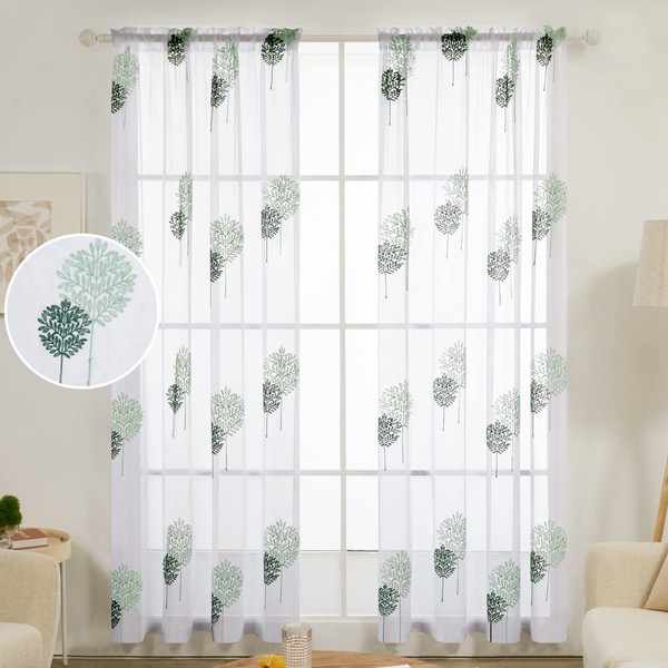 Deconovo Super Soft Decorative Voile Curtains for Bedroom Leaves Embroidery Rod Pocket Sheer Curtains 55 x 81 Inch(Width x Length) 2 Panels Light Green/Dark Green 2 Panels