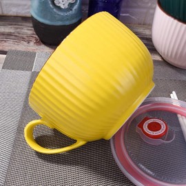 BOSILI Ceramic Bowl with Lid and Handle Microwave for Instant Noodle Yellow Cereal Bowl for Breakfast Modern Simple Style Ramen Bowl Microwave and Dishwasher Safe