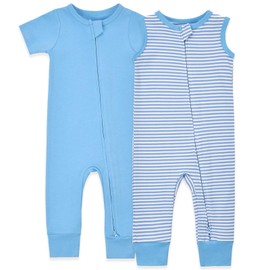 Aablexema 2PCS Baby Cotton Romper Zipper Short Sleeve & Sleeveless Footless Pajamas One Piece Jumpsuits Outfit Clothes(Blue Set,3-6m)