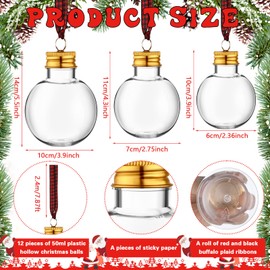12 Pcs Christmas Booze Balls Christmas Fillable Booze Tree Ornaments with Buffalo Plaid Ribbon Stickers Clear Plastic Xmas Booze Pendant Ball for Xmas Party (Booze Ball, 50ml, 100ml, 150ml)