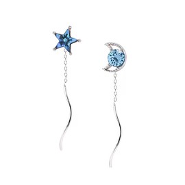 925 Sterling Silver Blue rhinestone Star Moon Dangle Earrings Chain for Women Teen Girls Star Dangling Earrings Threader Tassel (Style1, One size)