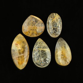 CRYSTALINES 5pcs Natural Golden Rutile Quartz Gemstones, Wholesale Cabochon, Polished Stones, DIY Jewelry Making, Loose Supplies, Protection Healing Crystals, Real Gem Cabs, Wire Wrapping