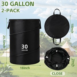 Purpeak 2 Pack Collapsible Pop up Trash Cans for Camping 30-Gallon Garbage Can Portable Reusable Garbage Waste Bin with Zippered Lid and Bag Clips for Camping, Travel, Rv and Outdoor Use