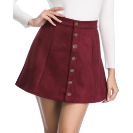 Fuinloth Women's Faux Suede Skirt Button Closure A-Line High Wasit Mini Short Skirt 2023 Wine Large (US 12-14)