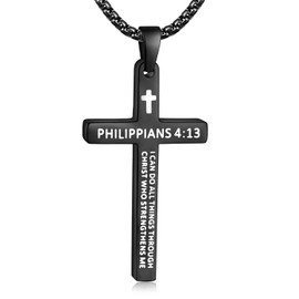 Fiusem Black Cross Necklace for Men, Bible Verse PHILIPPIANS 4:13 Cross Pendant with 2.5mm Box Chain 24 Inch