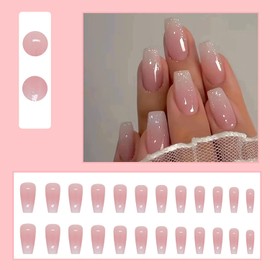24Pcs Pink Coffin Press on Nails Short Medium Fake Nails Pink White Gradient Nails Reusable False Nails Kit Glossy Full Cover Artificial Nail Holiday Stick on Nails for Women Girls