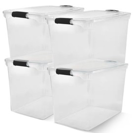 HOMZ 4-Pack Secure Latch, Clear Plastic Storage Organizer Bins, 112 Quart, Gray Latches - Stackable Container Boxes for Bedroom, Bathroom, Garage, and Office Organization
