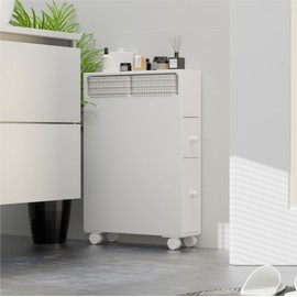 MASAKA B&W Bathroom Organizers and Storage,Slim Bathroom Storage Cabinet, Side Storage Organizer Toilet,Toilet Paper Storage, Movable Bathroom Storage Cabinet with 2 Drawers and Shelf, Corner Shelves