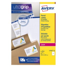 Avery L7167 Printable, Customisable Parcel Shipping Labels, Laser Printers, 1 Label Per A4 Sheet, 40 Labels, UltraGrip, White