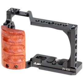 Foto4easy zv-e10 cage with Wood Handle for Sony ZV-E10 Camera,Quick Release Plate for Arca-Swiss,1/4" & 3/8" Screw Holes and Cold Shoe Mount for Accessories