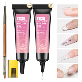 MIZHSE 8 in 1 Builder Gel for Nails, 2Pcs Clear Hard Builder Gel for Nails Strengthen Thickening Tip Design Rhinestone Nail Glue U V LED Extension Gels Kit for Nail Art Design 15mL 1 oz