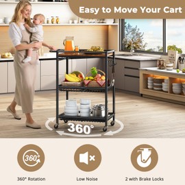 Pkuyres Microwave Kitchen Cart with Push Handle, 3 Tire Rolling Cart with 210Lbs Capacity, Vintage Kitchen Storage Cart with 2 Lockable Wheels for Kitchen, Restaurant, Living Room, Office, Balcony