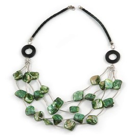 Avalaya Layered Green Sea Shell with Black Faux Leather Cord Necklace - 70cm L