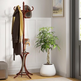 Giantex Solid Wood Coat Rack, Freestanding Hall Tree w/12 Hooks, Umbrella Holder, Entryway Hanger Stand for Coat, Hats, Scarves, Bags, Wooden Garment Rack for Bedroom, Hallway (Reddish Brown)