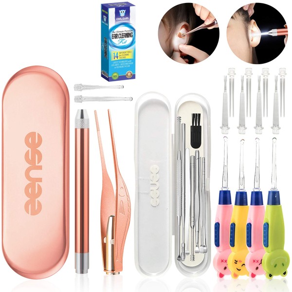 Öowl Ear Premium 14 Piece Ear Wax Removal Tool with LED Light - Ear Pick Cleaner Kit & Tweezers Picker for Humans, Cute Animal Ear Picks Spoon Digger Scoop with Bright Lights