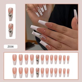 24Pcs Glossy White Press on Nails Square Long Full Cover Artificial French Tips Fake Nails with Butterfly Rhinestone Designs Acrylic Coffin False Nails with Glue Stick on Nails for Women Girls