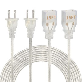 Zlierop 2 Prong Extension Cord 2 Pack, UL-Certified Thin Extension Cord, Clear Extension Cord, Male to Female Extension Cords 250V 10A, 15 ft Extension Cord for Lighting, Appliance