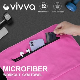 Vivva 2PC Set Microfibre Hooded Gym Towel with Zip Pocket, Quick Dry Super Absorbent Sweat Towel for Exercise Bench Training Workout, Lightweight for Fitness, Sports, Beach, Travel, Camping (Hot Pink)