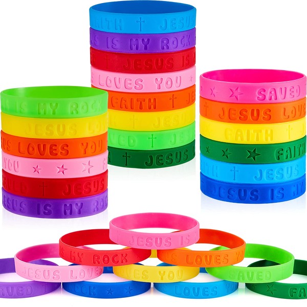 60 Pieces Religious Sayings Rubber Bracelet Silicone Christian Bracelets Wristbands for Kids Religious Gifts()