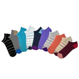 K. Bell No Show Socks, 10 Pairs, Assorted Solids and Stripes, Fits Shoe Sizes 5.5-10