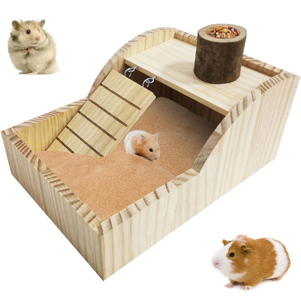 PINVNBY Hamster Sand Bath Box Wooden Shower House Chinchilla Digging Sand Bathtub with Climbing Ladder Bowl for Dwarf Syrian Mice Mouse Gerbils and Other Small Animals