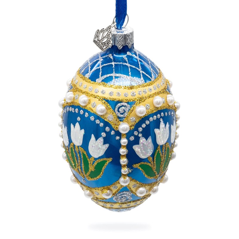 White Flowers and Pearls on Blue Glass Egg Ornament 4