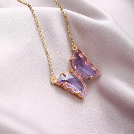 ZARD Butterfly Charm Purple Cubic Zirconia Necklace in 14K Gold Finish