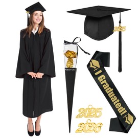 Graduation Cap and Gown 2025 Tassel Dress Unisex Adult Set for College High School and Bachelor Graduates (Black, XL)
