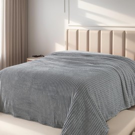 Cuddly Blanket King Size, Fluffy Fleece Blanket, Warm and Soft Blanket with Striped Pattern for King Calking Bed, 90x108 Inches,Ash Grey