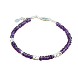 amethyst & silver pyrite 3mm rondelle shape faceted cut gemstone beads adjustable stacking bracelet with 925 sterling silver - silver plated lock clasp bracelet - link chian bracelet for unisex