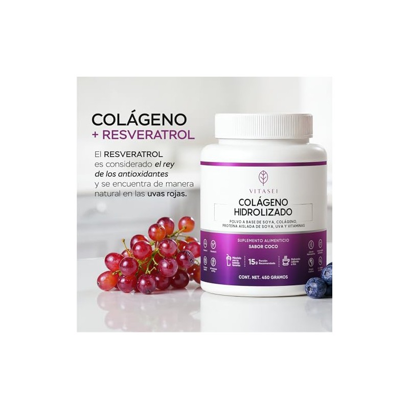 Vitasei Colágeno Hidrolizado Polvo Resveratrol Base Soya Edulcorantes 450 Sabor