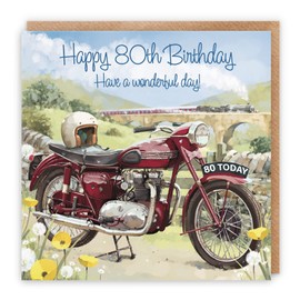 Hunts England - Vintage Motorbike 80th Birthday Card - Happy 80th Birthday - Steam Train Countryside - Classic Motorcycle - Age 80 Stunning Artistic Card - Milo's Gallery Collection