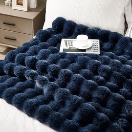 DREAMNINE Oversized Soft Thick Fuzzy Faux Rabbit Fur Throw Blanket Twin Size 60" x 71", Double Sided Comfy Plush Warm Shaggy Fluffy Blanket,Luxury Cozy Cute Furry Blanket for Bed Couch Pet, Navy Blue