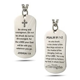 Shields of Strength Men's Stainless Steel Psalm Joshua Dog Tag Necklace Inspiring Accessory Encouraging Inscription Courage No Fear Refuge Fortress