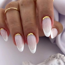 SINHOT Almond Press on Nails Medium - Gold Bling GlitterFake Nails Glossy Glue on Nails White French Tip Acrylic Nail Supplies Stiletto Artificial Nail Art Stick on False Nails with Design DIY 24 pcs