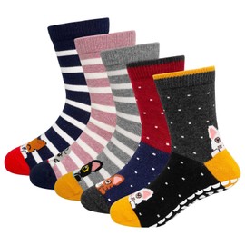 ZFSOCK Children's Stopper Socks Non-Slip Socks Non-Slip: Funny Cotton Colourful Animal Pattern House Socks ABS Socks Ankle Socks Girls Stockings with Nubs 5 Pairs Size 23-38, 2-14 Years Old, Cats