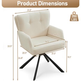 WUTUTUEE Fabric Dining Chair Modern Upholstered Swivel Dining Room Chairs Comfy Accent Armchair with Mid Back, Desk Arm Chair No Wheels for Kitchen/Living Room/Home Office, White