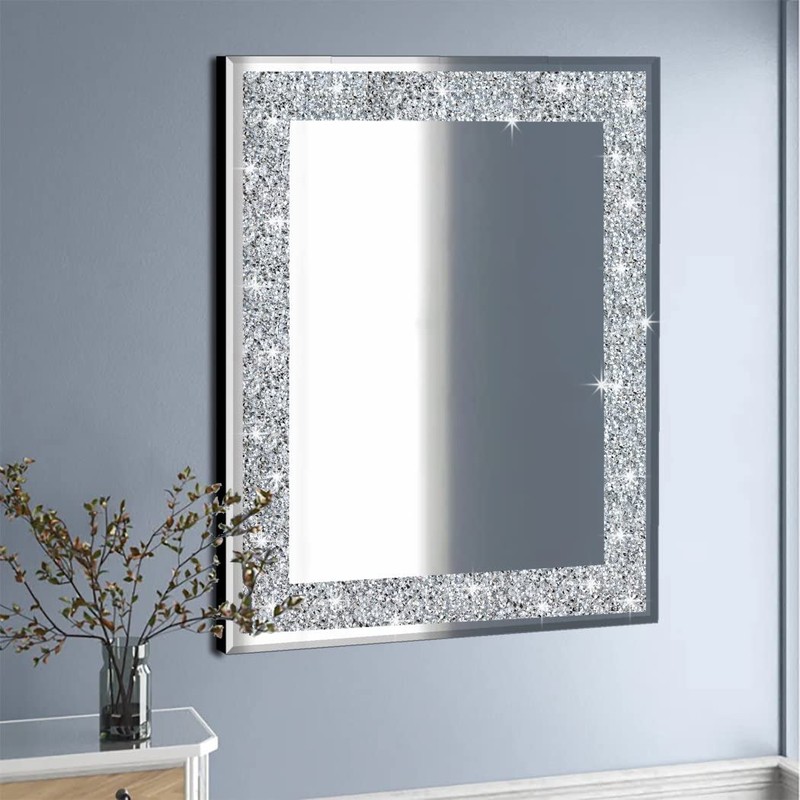 QMDECOR Crystal Crush Diamond Rectangle Silver Mirror for Wall Decoration