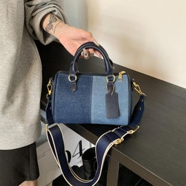 Barrel-shaped Denim Handbag and Purse Women Small Tote Shoulder Crossbody Bag with Guitar Adjustable Shoulder Strap (A-Navy Blue)
