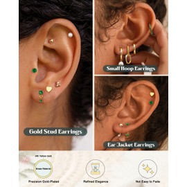 Small Gold Hoop Earrings Set for Women - 14K Gold Plated Hypoallergenic Lightweight Chunky Open Huggie Hoops Dainty Cartilage Stud Hoop Earring Stacks for Multiple Piercing(14K Gold Plated-Green CZ)