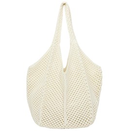 Aucuu Women's Beach Bag, Crochet Mesh Beach Tote Bag, Women's Knitted Shoulder Bag, Crochet Bag for Summer, Beach Bags for Women, Large Shoulder Bag for Holiday, Travel, Beach, Summer, #6 White-b