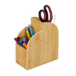 Relaxdays Bamboo Pen Holder, Desk Organiser, Office, 2 Compartments, H x D: 20 x 17 x 9 cm, Pen Box, Pen Holder, Natural
