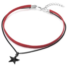 COOLSTEELANDBEYOND Two-Rows Red Choker Necklace with Black Chain and Pentagram Star Charm Pendant, Ladies Womens