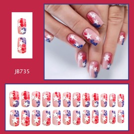 FIEONCIY Independence Day Press on Nails Square Shaped Acrylic Medium Length False Nails with Patriotic Designs Artificial Flag Square Fake Nails July 4th Glue on Fingernails for Women Girls（JB735）
